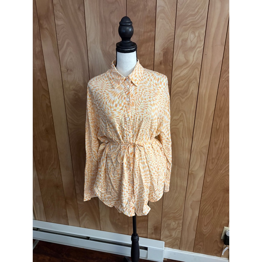 Sage The Label Orange Swirl Checkered Button Down Shirt Tie Waist LE1118 Small